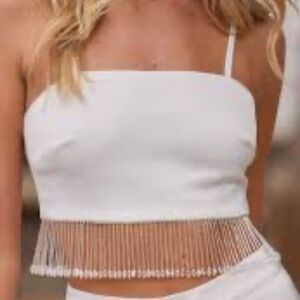 12th Tribe Torrey white satin beaded fringe top